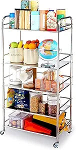 susunnus Stainless Steel Cart with Wheels 5 Tier,Stainless Steel Kitchen Cart,Utility Cart,Metal Cart with Wheels,Suitable for Various Occasions,Movable,Gift Tools