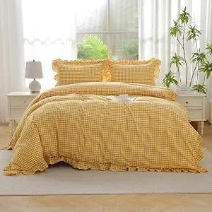 Mywinlle Mustard Yellow Gingham Ruffle Duvet Cover Set Queen Size, Soft Washed Cotton Farmhouse Bedding with Ruffled Edge, 3 Pieces (1 Duvet Cover + 2 Pillow Shams), Vintage French Country Style