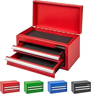 Mini Tool Box - Metal Tool Chest with 2 Drawers & PVC Drawer Liners for Workbench or Desk, Powder-Coated Steel Small Toolbox - Multi-Purpose Storage for Machinists Tools, DIY, 3D Printer Parts - Red