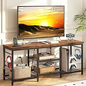 YGEOMER Entertainment Center for TVs Up to 55 Inch, TV Stand with Power Outlet and Open Storage Shelves, TV Media Console Table for Living Room and Bedroom, Rustic Brown
