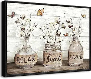 Black Framed Farmhouse Bathroom Wall Art - Rustic Cotton Flower Vase Relax Soak Unwind Canvas Prints, Butterfly Floral Wall Decor for Bathroom Laundry Room, 16x24 Inch