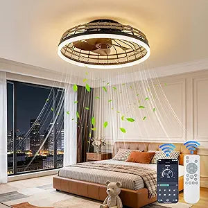 Smart 36W LED Boho Rattan Cage Ceiling Fans with Lights Fixture,6-Speed Bladeless Reversible Motor, Dimmable 3000K-6000K,Remote & APP Control for Bedroom Living Room Kitchen,Black rustic vintage