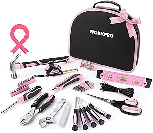 WORKPRO Pink Tool Kit - Hand Tool Set with Easy Carrying Round Pouch - Durable, Long Lasting Chrome Finish Tools - Household Tool Kit Perfect for DIY, Home Maintenance - Pink Ribbon