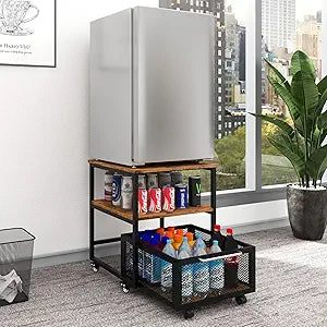 PUNCIA Mini Fridge Stand with Storage (19.7"x19.7"), 3-Tier Storage 220LBS Beverage Refrigerator Table, Heavy Duty Rolling Organizer Rack with Drawers for Dorm, Apartment,Office, Bedroom, Retro