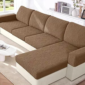 VANSOFY Couch Cushion Covers for Sectional Sofa, Stretch Jacquard Couch Seat Cushion Covers, Individual Washable Furniture Protector Sofa Slipcovers for Pet (3 Seater+1 Chaise Cover, Light Coffee)