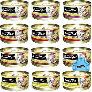 Fussie Cat Premium Canned Grain Free Cat Wet Food - Variety 4 Flavors Pack Food Bowl (12 Cans) (Tuna & Ocean Fish- Salmon - Shrimp - Chicken) (2.82 Oz)
