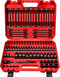 112-Piece Torx and Allen Bit Socket Set, 1/4", 3/8",1/2" Drive Bit Socket Set with Quick-Release Ratchet Wrench, Adapters, Extra long torx/Tamper proof torx/Hex/Ball End Hex/E-Trox,SAE/Metric,S2 Steel