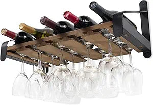 Rustic State Barrel Wall Mount Wood Floating Wine Rack with Glassware Holder Stemware Shelf Organizer for 5 Bottle and up to 15 Glass Storage - Kitchen Dining Room Bar Dcor - Walnut