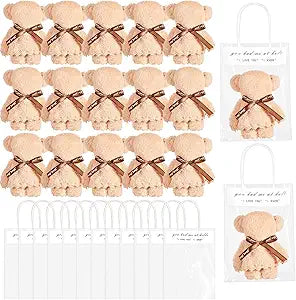 VitalCozy Baby Shower Favors Bear Bath Towel Gift Soft Coral Fleece Hand Towels with Bags for Wedding Graduation Valentine Baby Baptism Birthday Souvenir Supplies(Coffee,50 Sets)