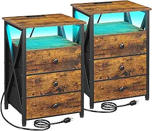 AMHANCIBLE Night Stand Set 2, LED Nightstand with Charging Station, End Side Tables with USB Port & Outlet, Bedside Tables with 3 Fabric Drawers for Bedroom, Rustic Brown HET053LBR