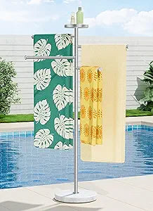 KES Hot Tub Towel Rack Outdoor with 1.5X Heavier Natural Marble Weighted Base, Pool Towel Rack with 360 Adjustable Arms & Storage Tray, 18/8 Stainless Steel, Brushed Steel, OTR203-2