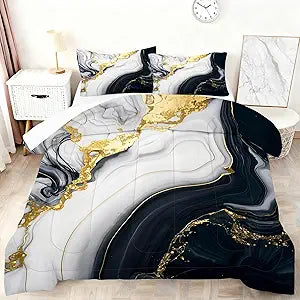 Abstract Marble Bedding Set for Kids Women Men Queen Size 3D Marble Comforter Set Black White Gold Quilt Set for All Age Marbling Quilt Set with 1 Comforter + 2 Pillowcases