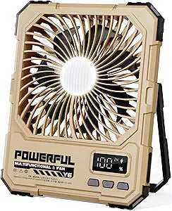 Portable Fan, Camping Fan, 20000mAh 6-Inch 18-85H Rechargeable Ultra Thin Foldable with Built-in Power Bank, LED Light, Remote Control, Hook for Outdoor Camping Tent RV Travel (Khaki)