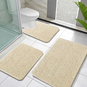 OLANLY Bathroom Rugs Sets 3 Piece, Soft Absorbent Chenille Bath Mats and U-Shaped Contour Toilet Rug, Quick Dry, Home Decor Accessories, Bath Mat Set for Bathroom (30"x20"+24"x16"+24"x20", Beige)