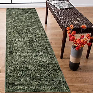 Morebes Washable Dark Green Runner Rug 2.5x8, Vintage Boho Runners for Hallways Non Slip, Soft Floral Indoor Floor Throw Carpet for Kitchen Laundry Room Bedroom Bathroom Living Entryway