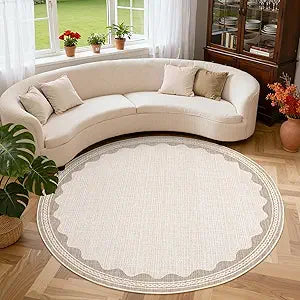 GarveeHome Scalloped Beige 6ft Round Rug Washable Non-Slip Soft Ultra-Thin Small Circle Modern Cottage Core Solid Carpet for Entryway Kitchen Bedroom Nursery Dining Room