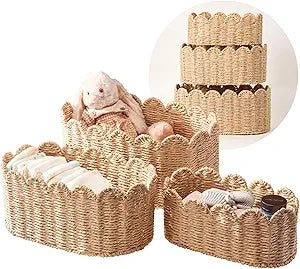 Scalloped Basket Set of 3, Wicker Storage Baskets - Hand-Woven Paper Rope Nursery Organizer for Diaper Caddy, Baby Toys & Shelves, Natural (16x10x7 Inch)
