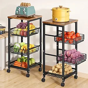 SNTD Fruit Basket Vegetable Stand for Kitchen Pantry, Pull Out Metal Wire Basket with Wood Top for Fruit Vegetable Onions Potatoes Snacks