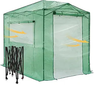 EAGLE PEAK 8x6 Portable Walk in Greenhouse, Pop Up Indoor Outdoor Greenhouse, Green House Kit with Zippered Roll-Up Doors and Windows + Mesh Lined Door, PE Cover, Clear/Green