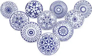 Ajuny 10 Blue White Ceramic Cabinet Knobs, Printed Drawer Pull Handles Set