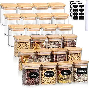 Bokon 24 Pcs Glass Spice Jars with Bamboo Lid 7oz Spice Container with Sticker Labels Pen for Kitchen Sugar Coffee Tea (2.4 x 3.2 inch)