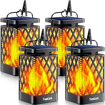 TomCare Solar Lights Outdoor Flickering Flame Solar Lantern Outdoor Waterproof Hanging Lanterns Decorative Lighting LED Flame Lights for Patio Garden, Black 4 Pack
