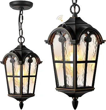 Dusk to Dawn Outdoor Pendant Light Lantern, Black Hanging Light Fixture with Gold Trim, Waterproof Exterior Ceiling Lights for Patio, Porch, Entryway, Anti-Rust, Aluminum, Adjustable Chain