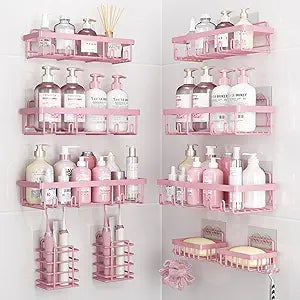 Liuoud 10 Pack Shower Caddy Organizer Rack Shelf for Inside Shower, Self Adhesive Wall Storage Basket Rustproof Stainless Steel Shampoo Holder Bathroom Accessory Decor Set, Pink