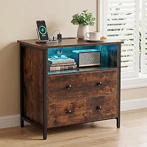 27 Inch Wide Night Stand, Large Wood Night Stand with 2 Drawers, LED Nightstand with Charging Station and Adjustable Drawer, Bedside Table for Living Room/Bedroom/Study/Office, Retro.