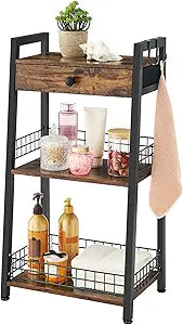 Gewudraw 3-Tier Ladder Shelf with Drawer, Bathroom Table Stand for Small Space, Bathroom Standing Shelves with Storage for Living Room Bedroom Kitchen, Organizer Shelf, Rustic Brown