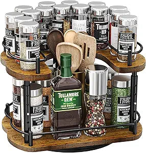 Lazy Susan Organizer Spice Rack - Spice Organization for Cabinet Height Adjustable Rotating Lazy Turntable, Pantry Kitchen Wood Revolving Seasoning Organizer (Vintage, 12 Inch)