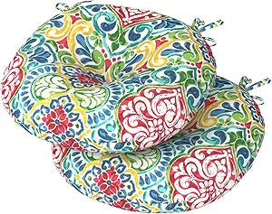DYTXIII Set of 2 Outdoor Round Chair Cushions 15"x15"x4" with Ties, Water Repellent Tufted Bistro Seat Cushions, Thick Patio Chair Pads for Bar Stool, Garden & Dining Furniture - Damask Red