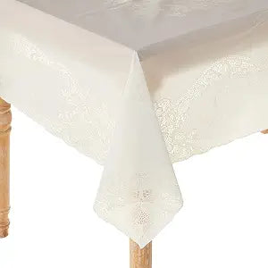 Violet Linen Vinyl Lace Battenberg Embossed Floral Pattern, Vinyl, Ivory, 60 Inch by 104 Inch, Seats 8 to 10 People, Rectangle Tablecloths