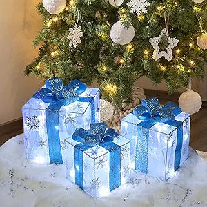 Christmas Decorations, Lauzior Set of 3 Christmas Lighted Gift Boxes 60 LED Light Up Xmas Ornament for Tree Skirt Indoor Outdoor Yard Holiday Door, Xmas Lights,Cool White