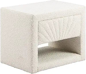Baris Nightstand Ivory, White End Table, Modern Style, Textured Fabric 100% Polyester Rectangular Shape Tabletop, MDF, Indoor Bedroom, 19.7" W x 14.2" D x 16.1" H