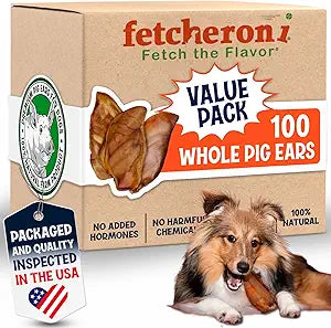 FETCHERONI Whole Pig Ears for Dogs Large - 100 Pack Long Lasting Dog Chews - One Ingredient Delicious All Natural Flavor  Easy to Digest Dog Treat for Large Dogs - Great for Teeth and Gums