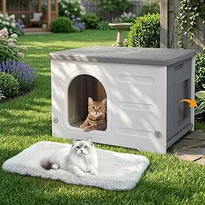Rockever Plastic Cat House Outdoor with Escape Door, Waterproof Feral Cat House Outdoor Indoor, Sturdy Cat House for Outdoor Cats with Cat Bed Mat, Assemble Easily-Grey