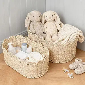 Hand-Natural Rattan Baskets Set of 2, Scalloped Basket 16x10x7 & 14x8x6 Inch -Woven Rattan Storage Basket With Scalloped Edge for Blankets, Magazines, Boho Farmhouse Bedroom Decor