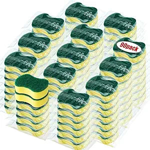 Tanlade 90 Pcs Individually Wrapped Sponges Kitchen Bulk Non Scratch Scouring Sponges for Dishes Household Cleaning Travel Apartments Hotel Car (Yellow Green)