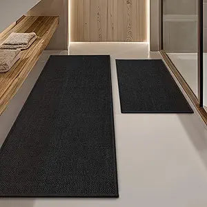 YIHOUSE Black Bathroom Rug Set, 2 Piece, 17"x24" + 17"x47", Non Slip, Quick Dry, Thin, Bath Mat for Bathroom and Kitchen