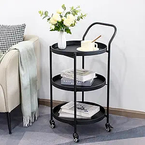 TRIROCKS 18 * 31" H Round Gold 3-Tier Rolling Bar Cart with Wheels Elegant Metal Frame Serving Cart for Kitchen, Dining Room, or Living Room Display and Storage (Black)