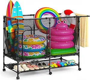 pool storage bin,Bottom Table, Zipper Doors & Rolling Wheels, pool float storage,Portable Easy Assembly,for Indoor Outdoor,beach,yard and garden spaces with metal construction (M Sizes)