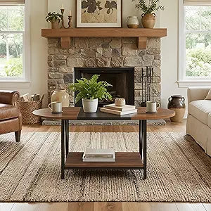 HOOBRO Coffee Table for Living Room, 2-Tier Oval Coffee Table, Industrail Centre Table with Open Shelf, for Small Space, Home Office and Dining Room, Rustic Brown and Black BFK13KF01
