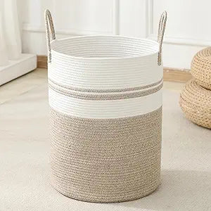 Laundry Basket Hamper Tall Rope Storage Woven for Blanket toys Dirty Clothes in Living Room Bathroom Bedroom (Brown&White, 80L/21.3Gal)