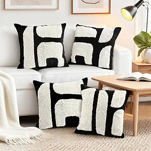 LandIdyll 4 Pcs Black and Cream Chunky Tufted Pillow Covers 18 x 18 Inch Boho Black and White Throw Pillow Covers Set Decorative Modern Abstract Geometric Pillowcase for Living Room Bed Couch Sofa