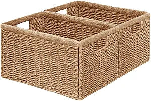 Vagusicc 2 Packs Large Wicker Storage Basket, Closet Storage Baskets Bins for Shelves, Decorative Collapsible Baskets for Organizing Clothes Toy Nursery Bathroom Organizers and Storage, Natural