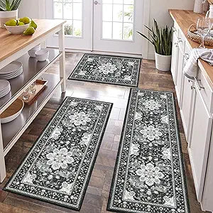Bsmathom Kitchen Rugs Sets of 3, Non Slip Kitchen Runner Rug, Machine washable Kitchen Floor Mat with Rubber Backing, Boho Carpet Throw Rugs for Hallways, Laundry Room, Farmhouse, Holiday Decor, black