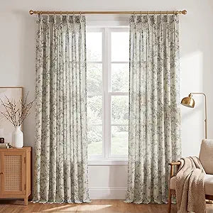 StangH Pinch Pleat Floral Curtains 96 Inches Long, Vintage Cottagecore Flower & Butterfly Print Linen Curtains Natural Fabric for Living Room/Bathroom, Porcelain, W40 x L96, 2 Panels