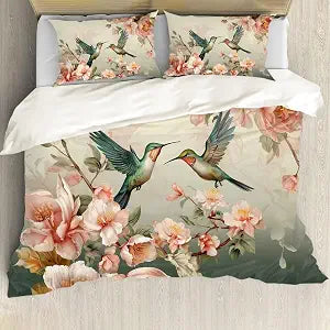 ZFRXIGN Flower Hummingbirds Bedding Set Queen Size Comforter Set 3 Pieces Bedspread Pillow Cases Bedding Blanket Cozy Comforter Women Duvet Covers Girls Bedroom Decor