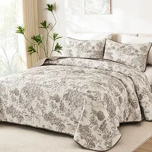 WONGS BEDDING Quilts Queen Size,Taupe Brown Quilt Bedding Set with 2 Pillowcases, Botanical Quilt for Queen Bed, Soft Microfiber Lightweight Coverlet Bedspread for All Season (96"90", 3 Pieces)